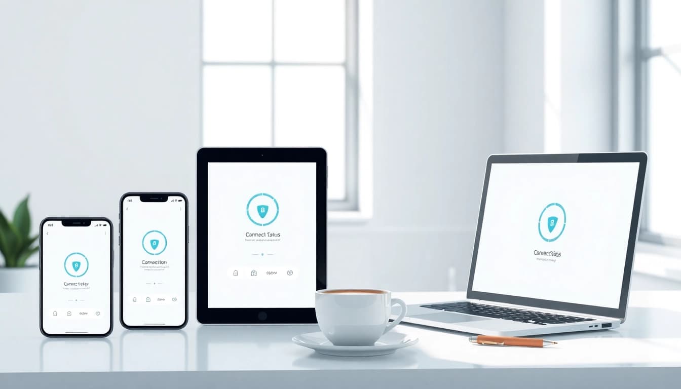 快连下载 interface displayed on multiple devices showcasing security features in a modern workspace.