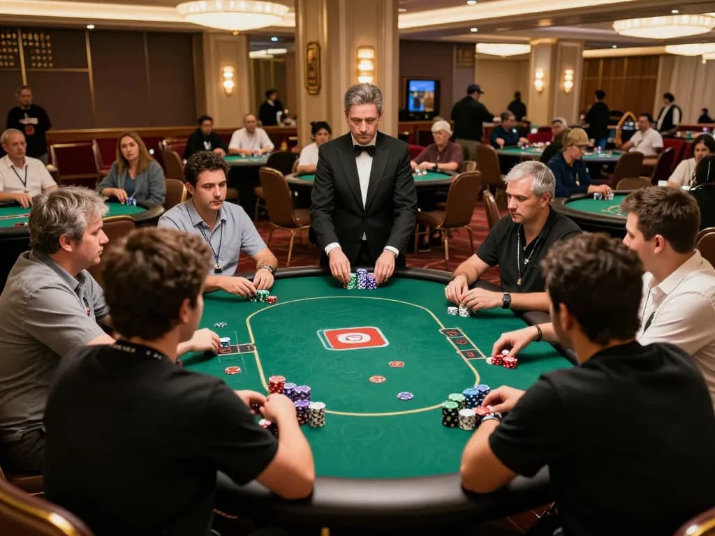 Fun79 poker players engaged in high-stakes tournament surrounded by bright casino lights