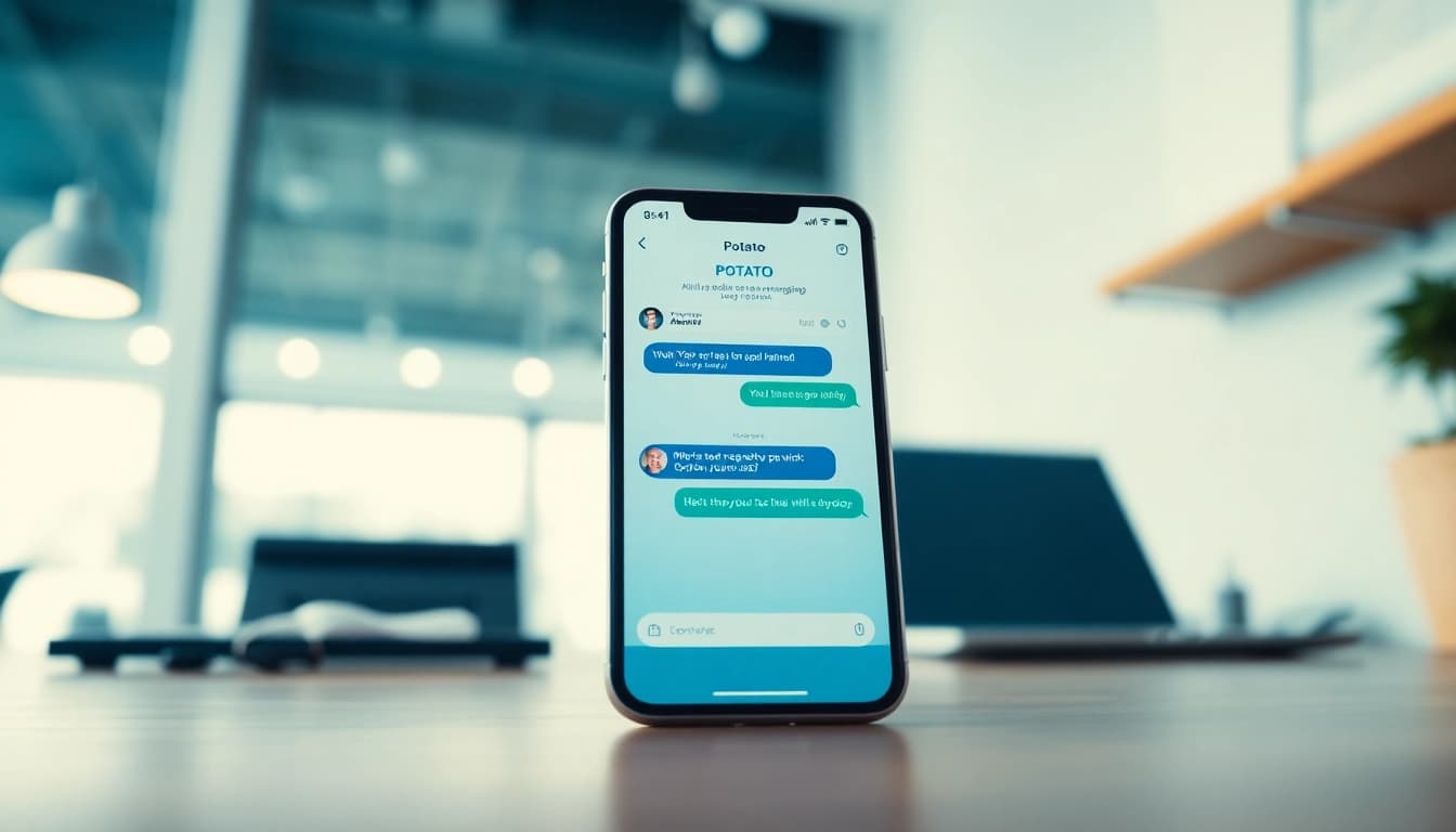 Potato messaging app on a smartphone screen in a modern workspace, emphasizing security and privacy.