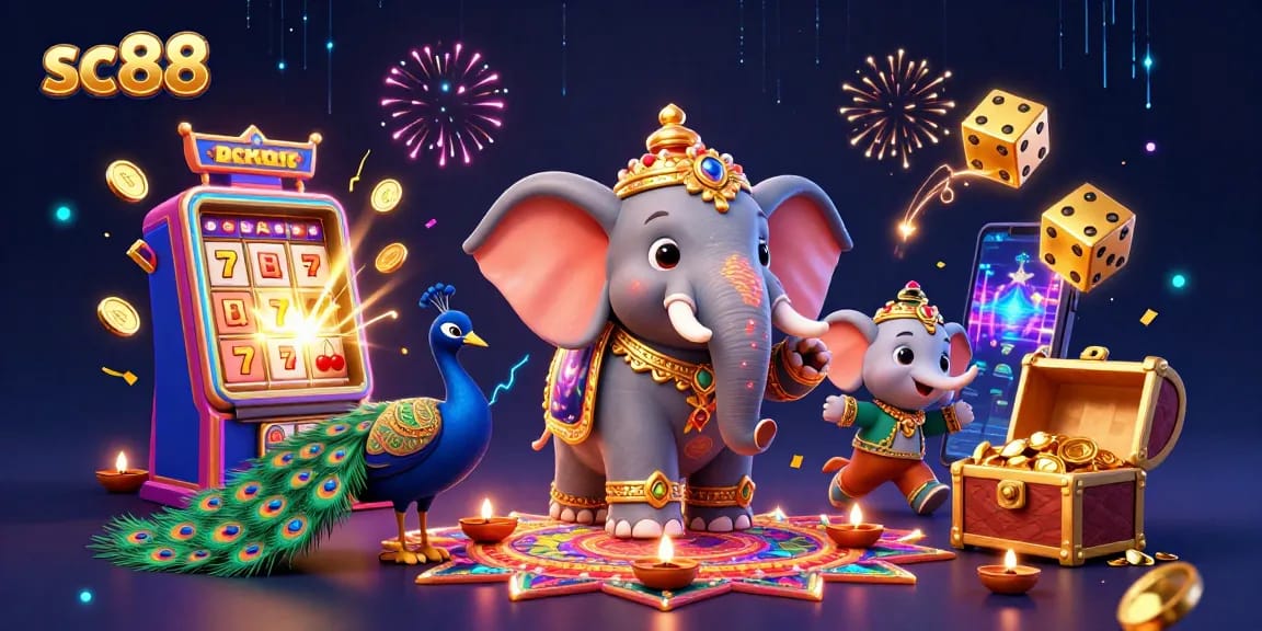 Experience thrilling wins at sc88 with a vibrant casino scene featuring an elephant and slot machines.