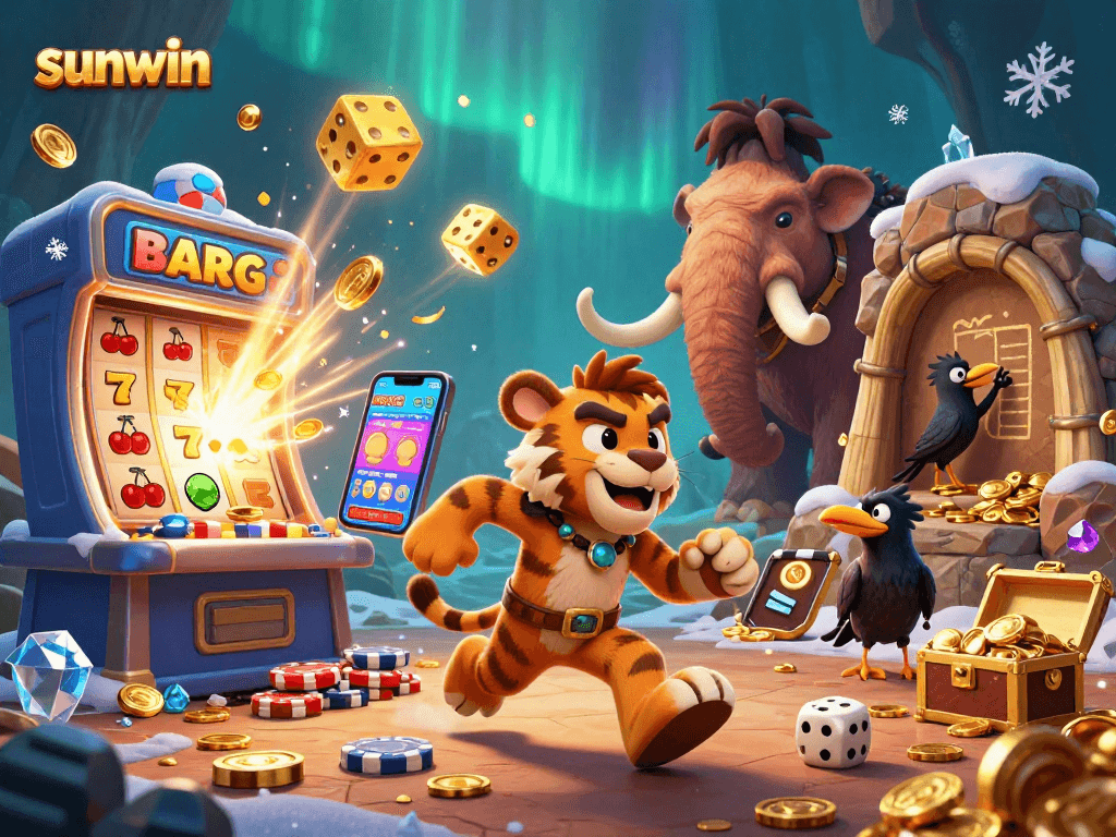 Join the fun at sunwin with our thrilling prehistoric casino scene featuring cavemen and vibrant slot machines.