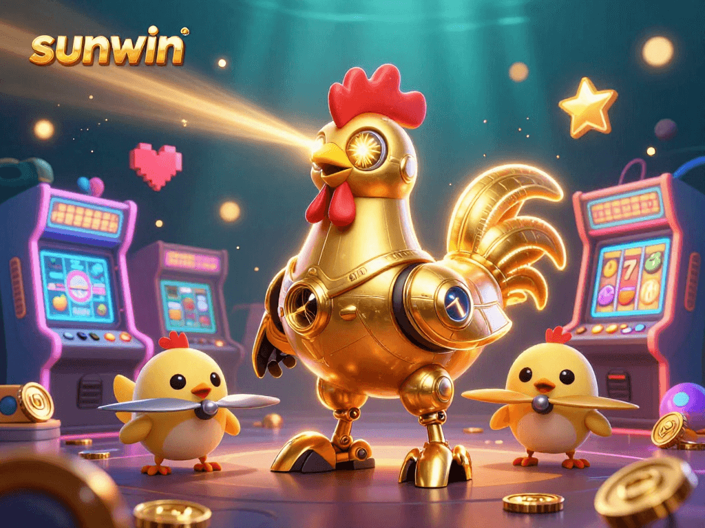 Engage with sunwin's vibrant casino scene featuring a golden rooster robot and playful baby chick drones.