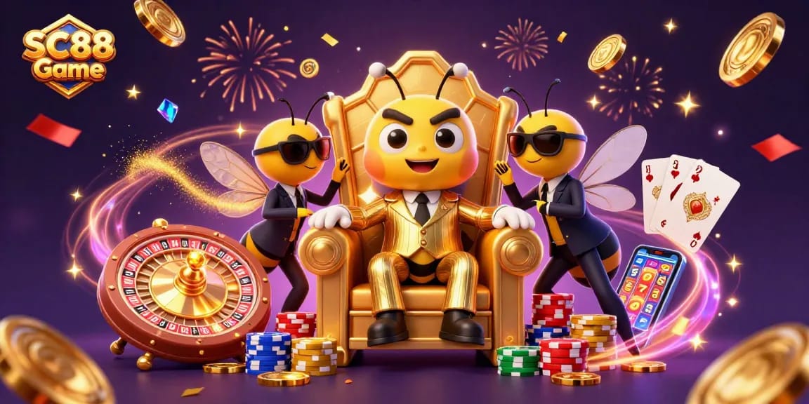 SC88 Game showcases the excitement of a vibrant casino scene with a bumblebee mob boss and rich gaming elements.