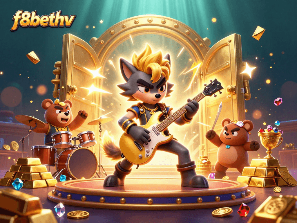 Join the thrilling fun at f8bethv with exciting casino games led by rock star wolf and drummer!
