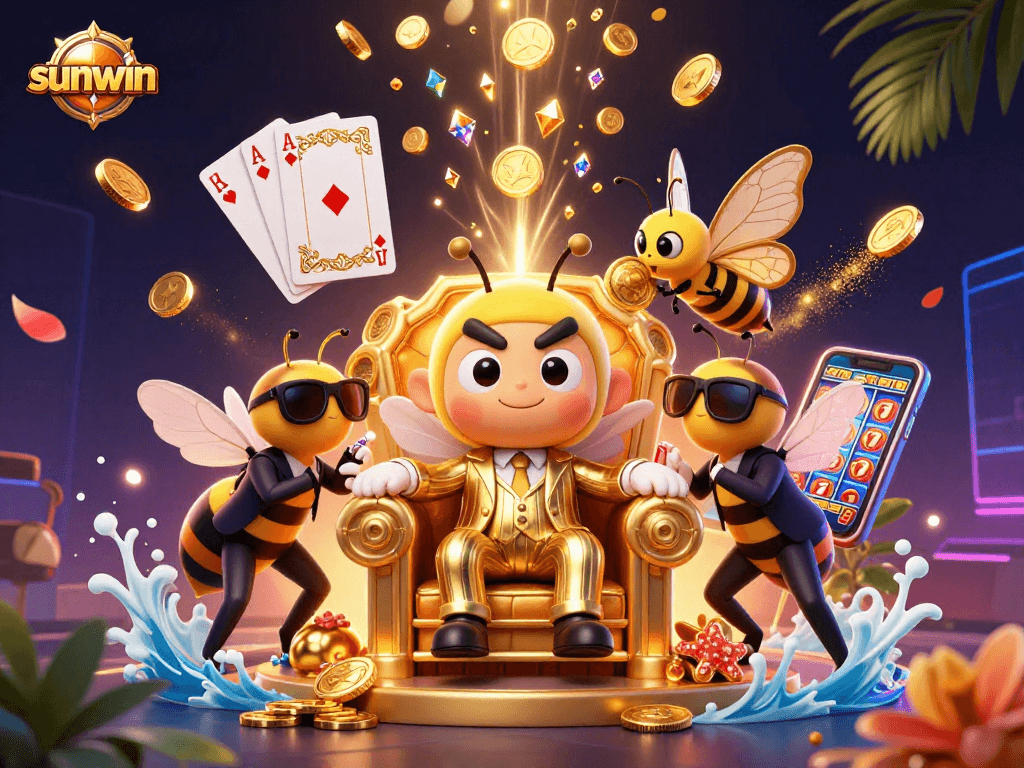 Win big at sunwin with a cartoon bumblebee mob boss and glittering casino elements.
