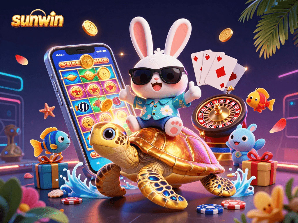 Play slots and win with sunwin, featuring a lucky rabbit on a turtle, full of vibrant casino elements.