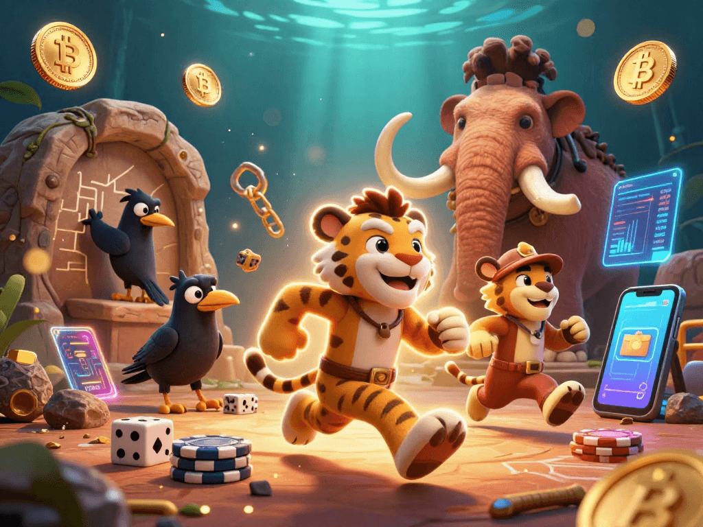 Join the fun at sunwin's prehistoric casino, featuring vibrant characters and crypto-themed décor.