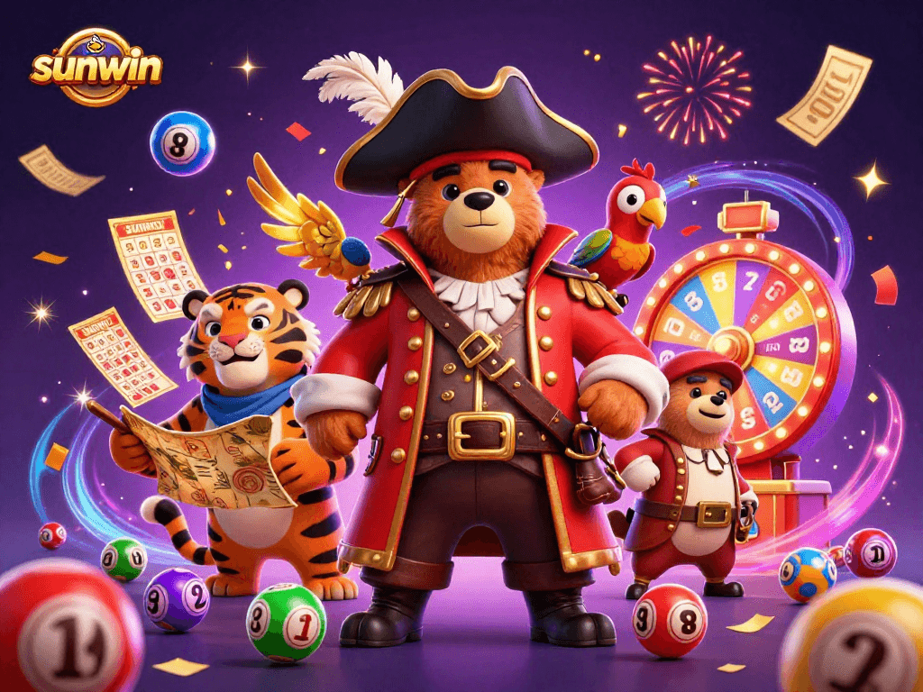 sunwin characters celebrating with colorful lottery elements and confetti in a vibrant casino scene