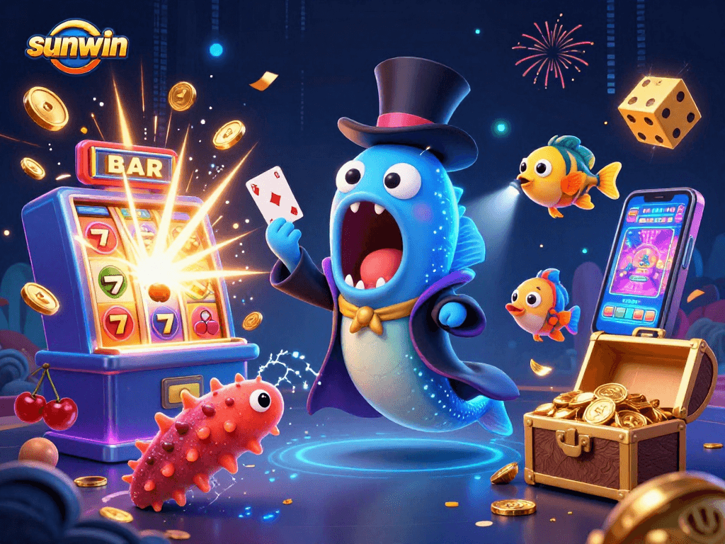 Sunwin displays vibrant casino magic with a bioluminescent eel performing tricks amidst cascading coins.