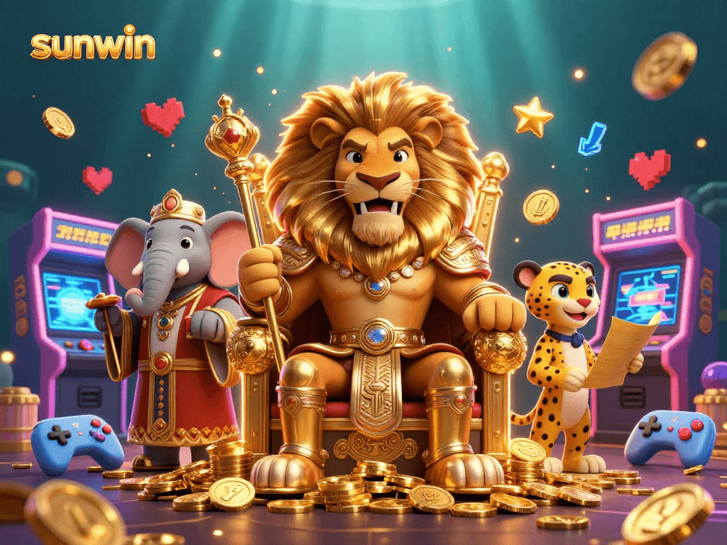 Experience excitement at sunwin with a cartoon lion king in a vibrant casino scene.