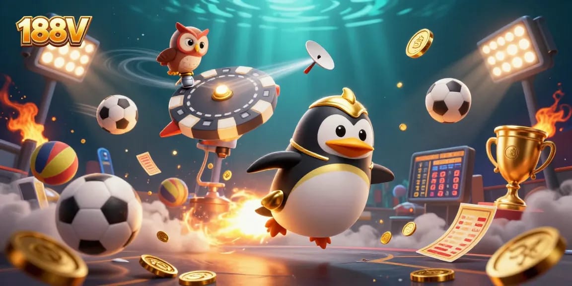 Experience the thrilling adventure of 188V with our golden penguin soaring through a vibrant casino universe filled with exciting gaming elements.