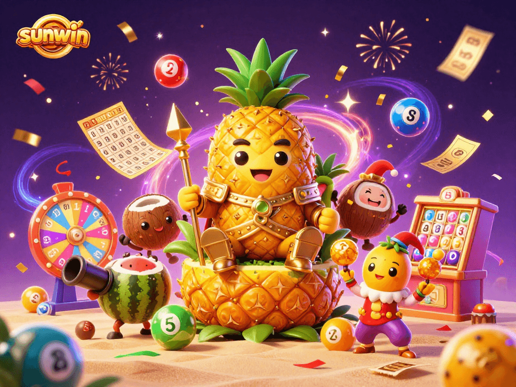 Experience the excitement of sunwin as the golden pineapple king reigns over a vibrant beach casino.