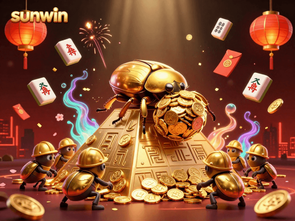 Engage with sunwin's vibrant casino-themed illustration featuring golden beetles and festive elements.