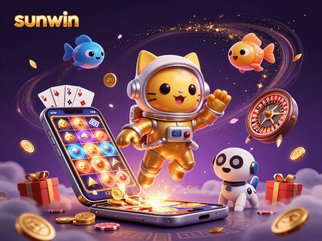 Play exciting slot games with sunwin as a 3D cartoon astronaut cat and vibrant casino elements surround