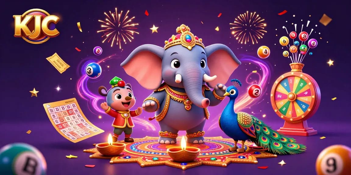 KJC engages players with vibrant gambling activities highlighted by a Diwali-themed elephant and dynamic lottery elements.