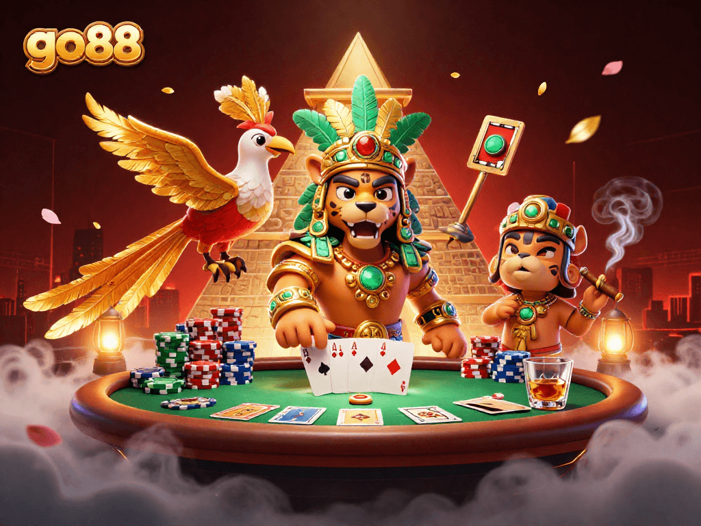 Join go88 for a thrilling poker experience with a vibrant illustration of gambling excitement!