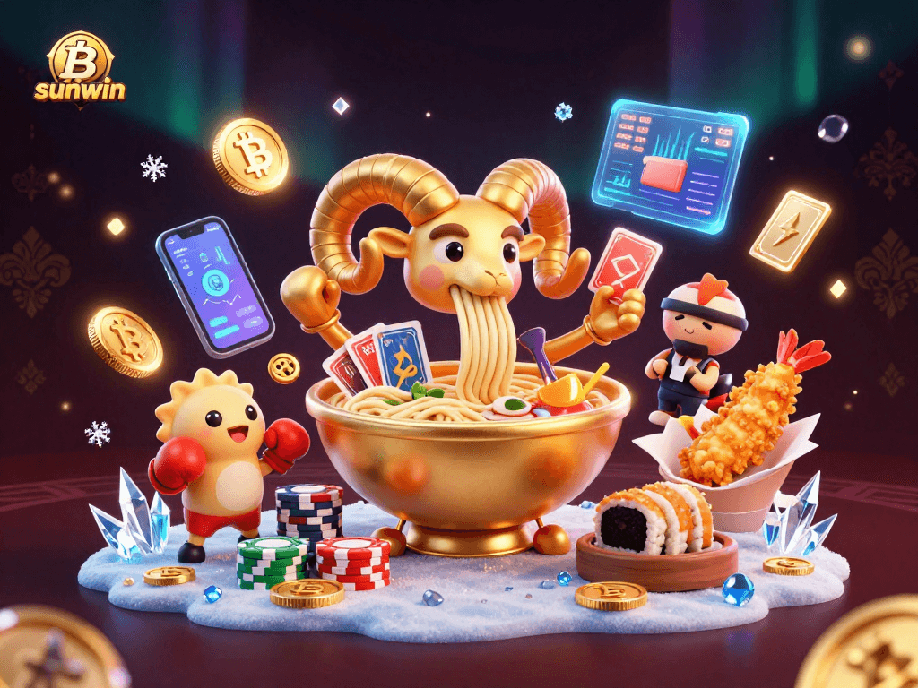 Sunwin showcases a vibrant casino scene with animated characters and cryptocurrency elements.