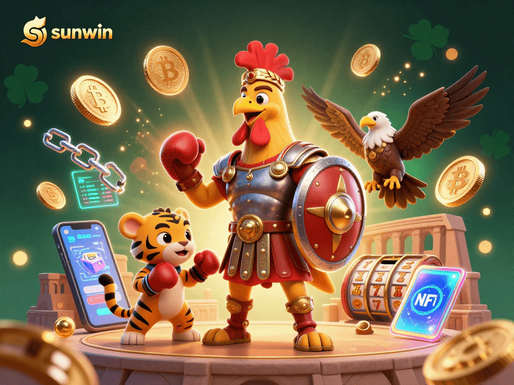 Experience the excitement of sunwin casino gaming with a vibrant 3D illustration showcasing a thrilling scene full of slot and crypto elements.