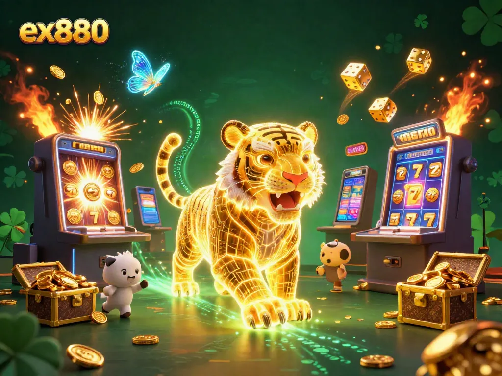 Experience the excitement of ex880 with a neon-wireframe tiger in a vibrant digital casino, showcasing slot machines and golden dice.
