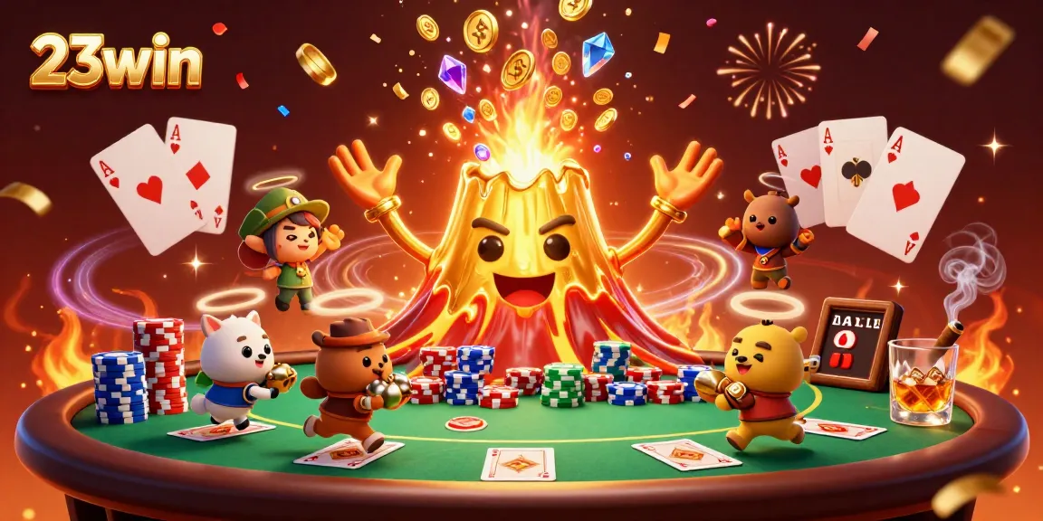 Engage with 23win's vibrant gaming atmosphere featuring a triumphant golden volcano amidst a shower of sparkling treasures.