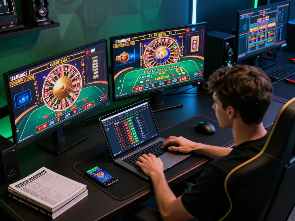 Experience the thrill of 79KING with a professional online gaming setup featuring vibrant casino games.