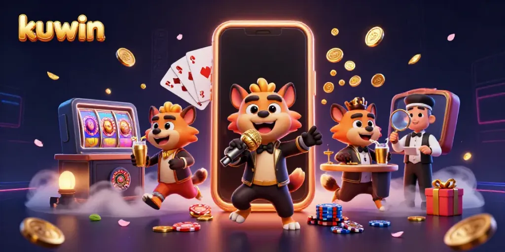 Kuwin hyenas in a vibrant casino scene mixing drinks and telling jokes at a comedy club
