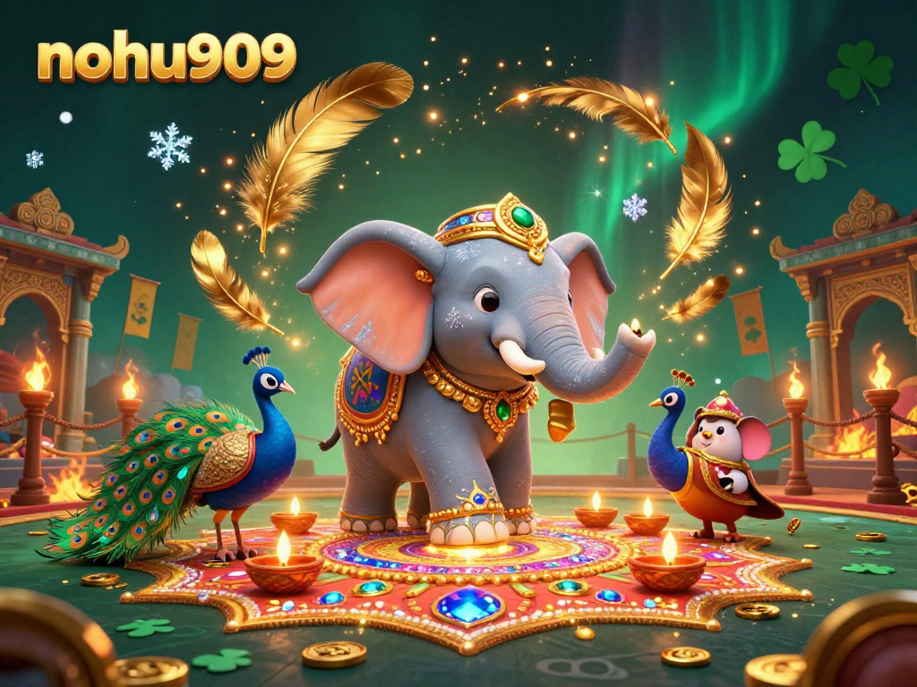 NohU909 offers thrilling gaming with a festive Diwali elephant and peacock amidst vibrant gold coins and decorations.