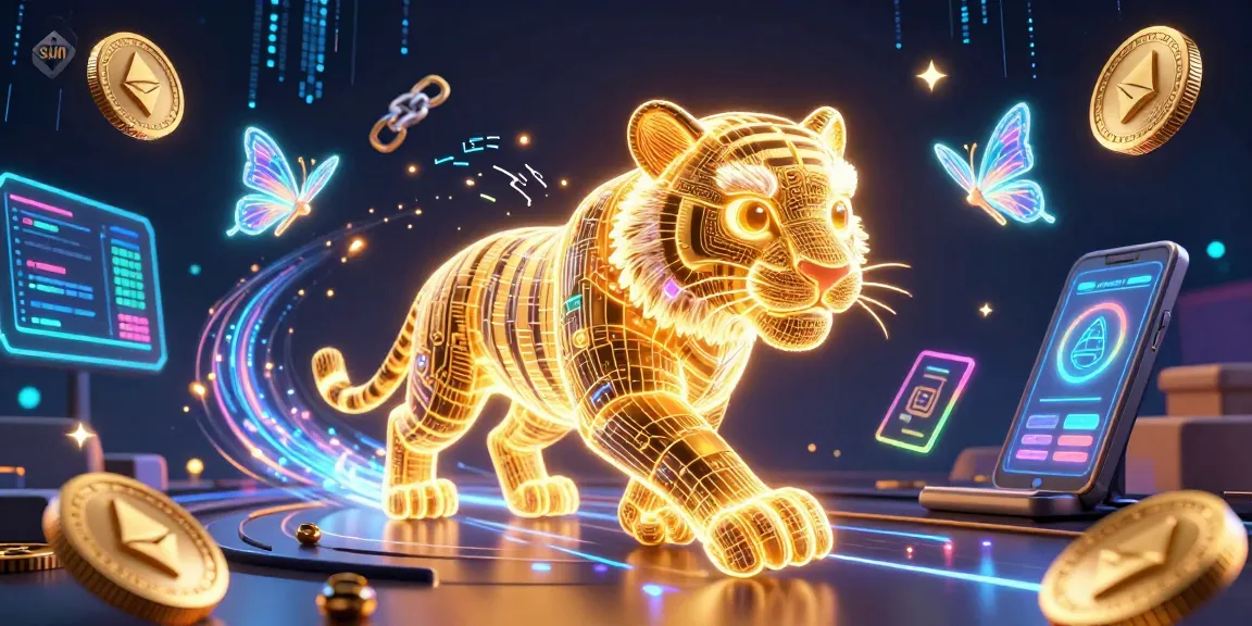 Experience the sun shining through a vibrant digital casino with a golden tiger and glowing cryptocurrencies.