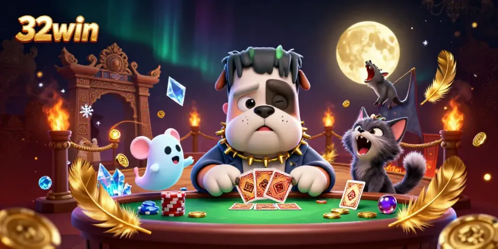 Engage with the magical world of 32win in a vibrant casino scene featuring animated characters.