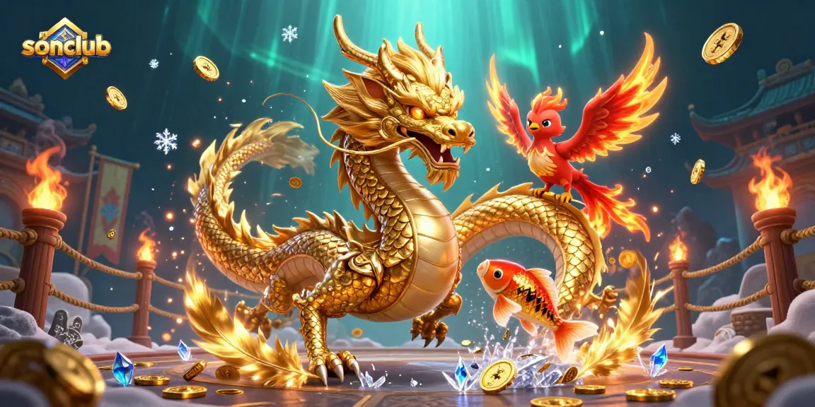 Engage with sonclub's thrilling gaming experience featuring a vibrant dragon, phoenix, and koi fish.
