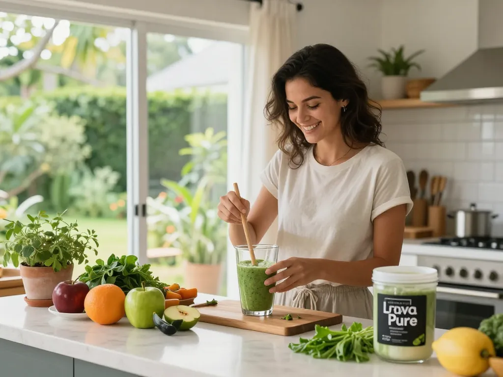 Przygotowanie smoothie z zeolitu lava pure w jasnej kuchni, prezentujące witalność i zdrowie.