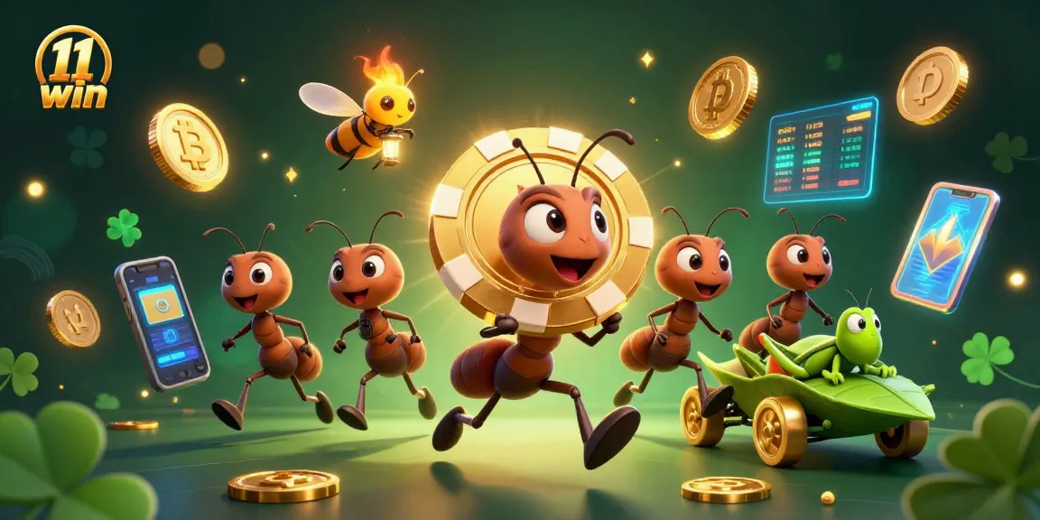 Engage with 11 win's wild heist of giant poker chips amidst vibrant crypto elements.