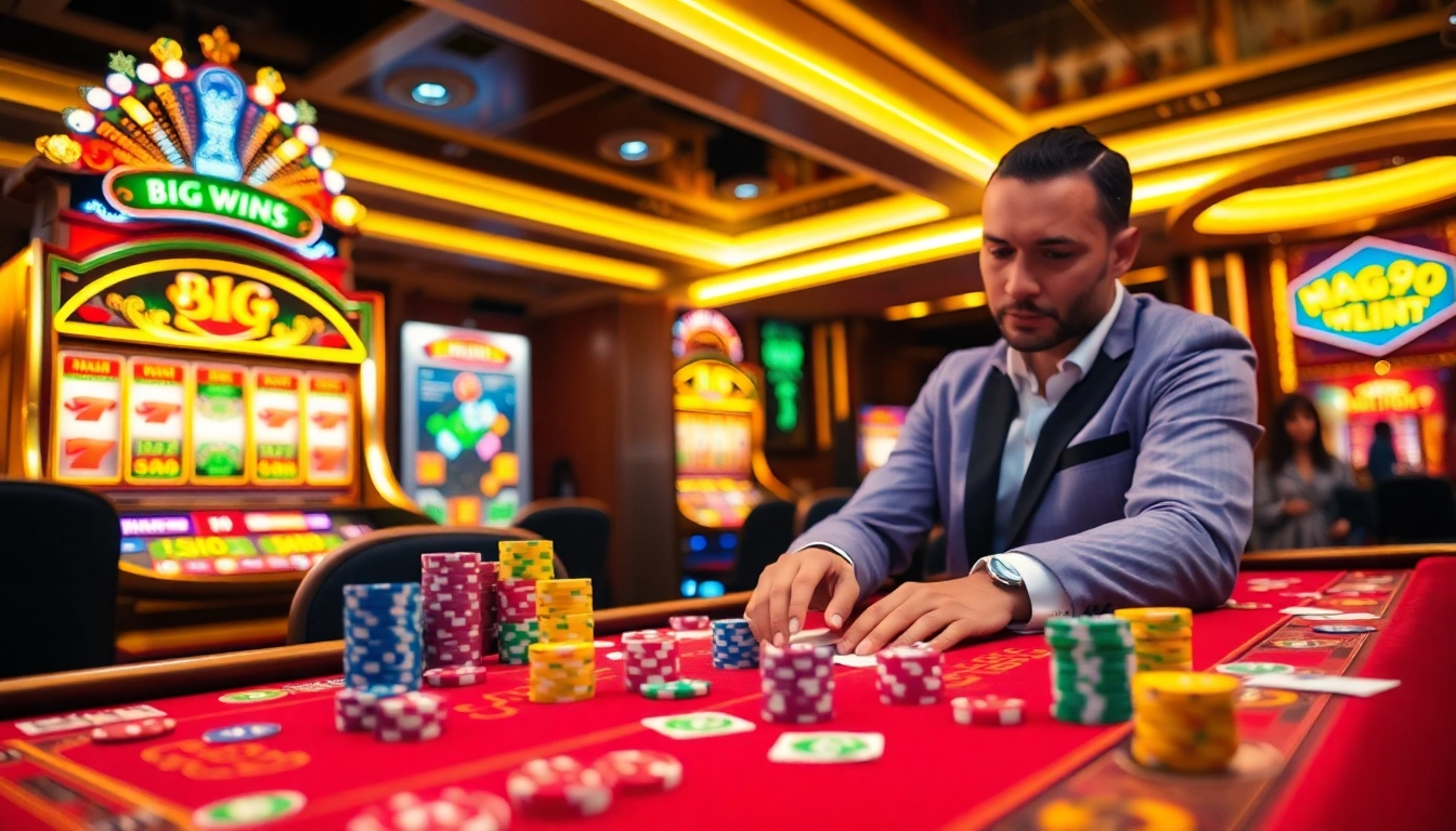 Naga99 casino scene featuring colorful chips, cards, and an exciting slot machine atmosphere.