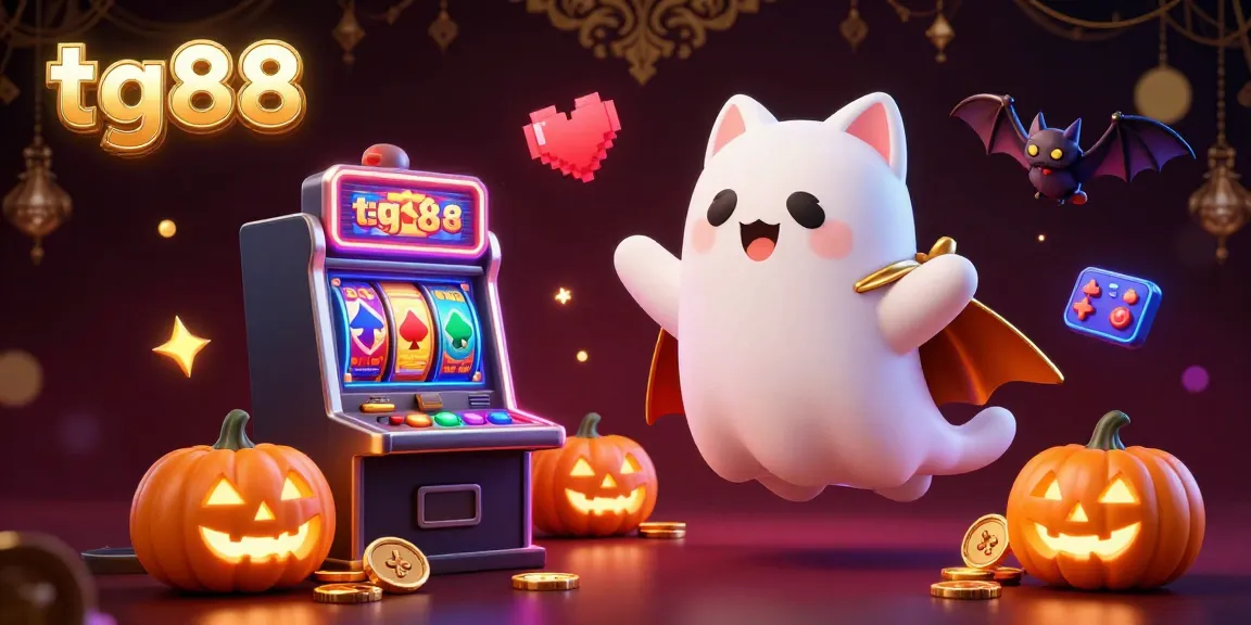 Engage with tg88 in a vibrant casino scene where a ghost cat and a vampire bat illuminate the festive atmosphere.