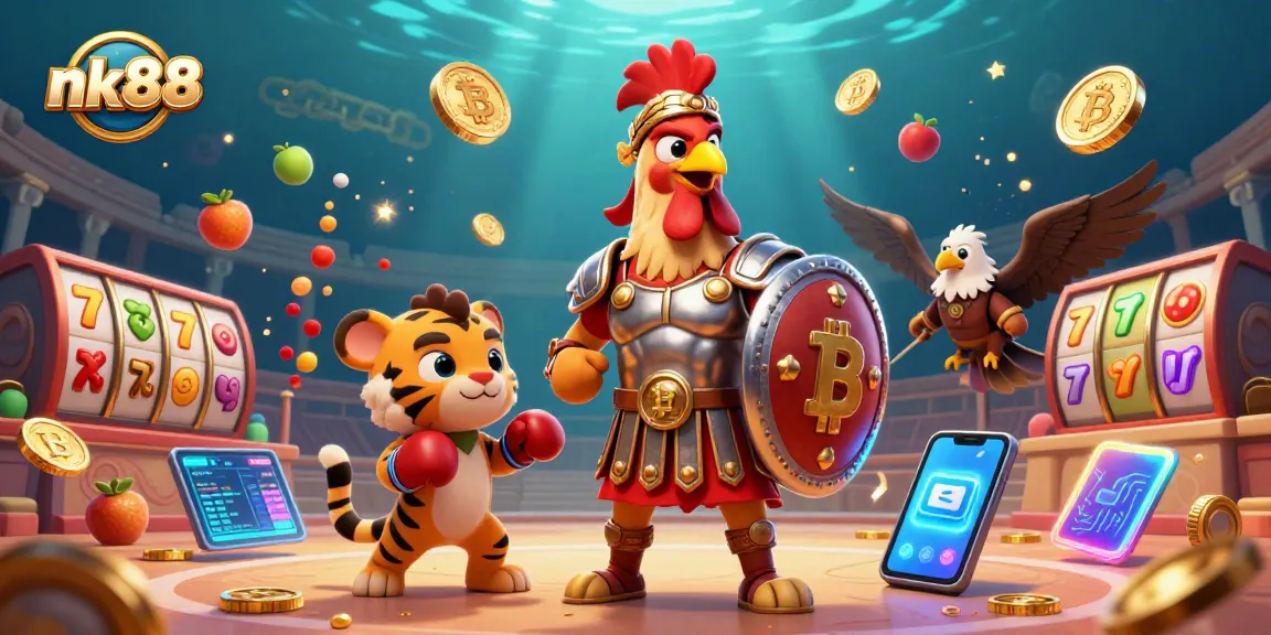 Bet on nk88 with a lively 3D illustration featuring slot reels, golden coins, and vibrant characters.