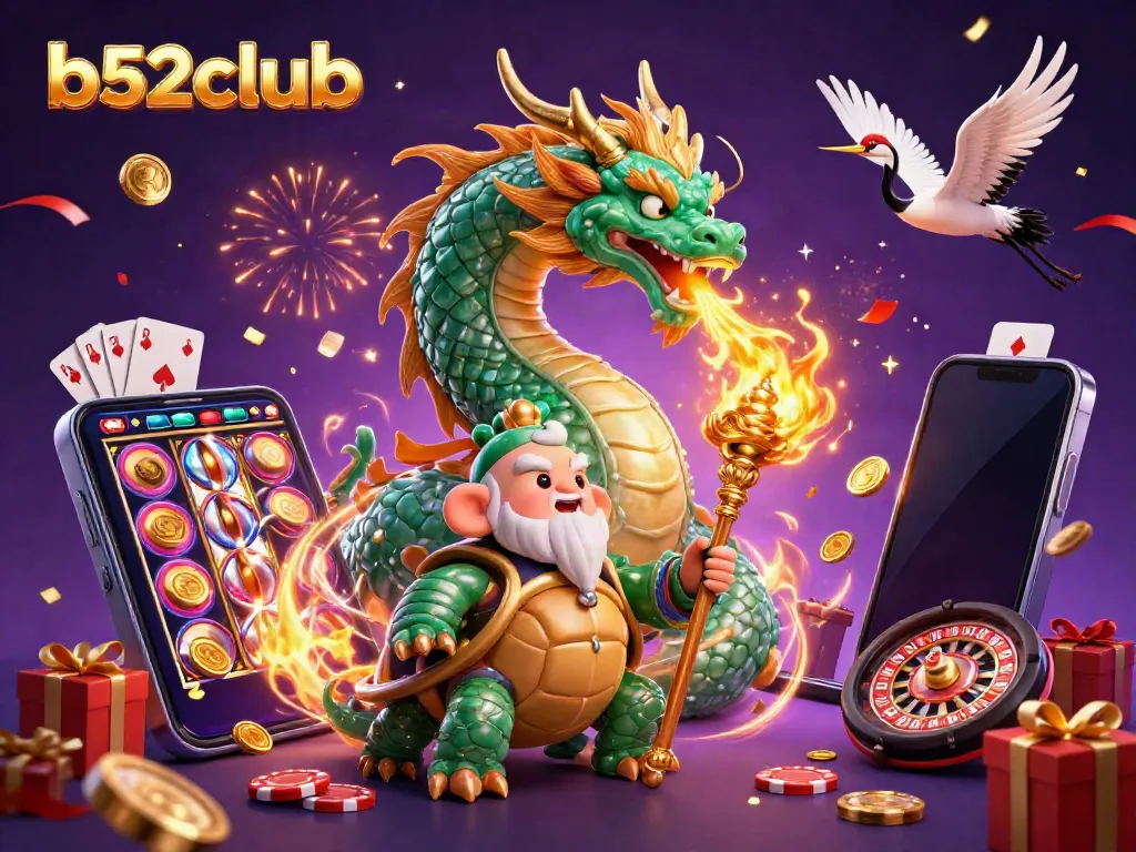 Engage with b52club fun through a vibrant illustration of a jade dragon, turtle sage, and lucky cranes amidst exciting casino elements.