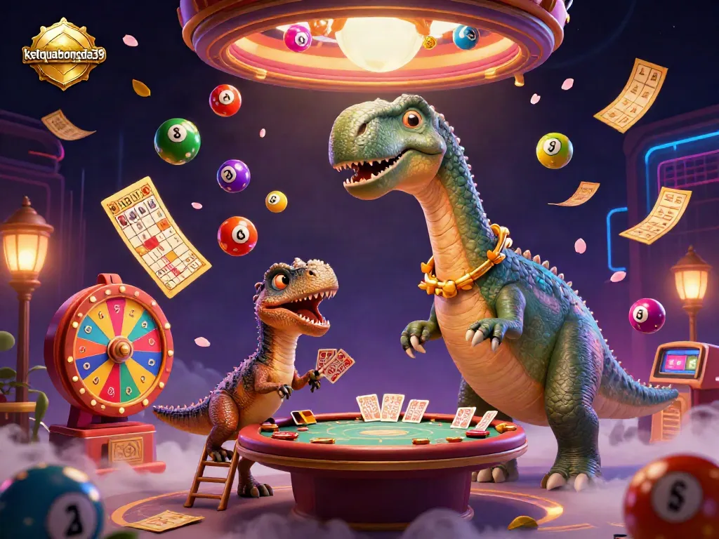Experience thrilling moments with ketquabongda39 as colorful lottery elements bounce around a dinosaur dealing cards.
