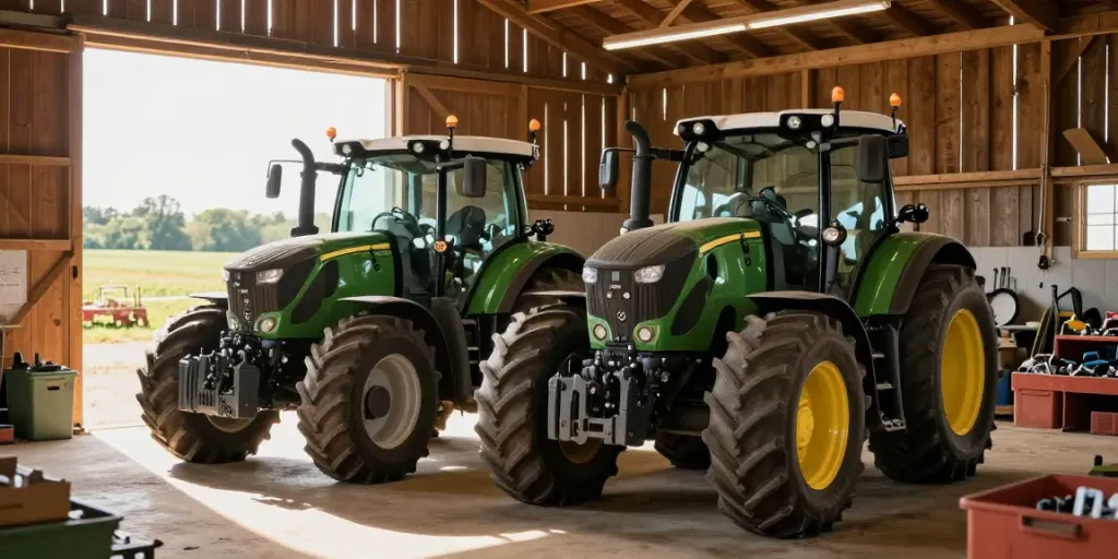 Oryginalne i zamienne części do ciągników rolniczych Fendt i John Deere w rozświetlonym wnętrzu stodoły z narzędziami.
