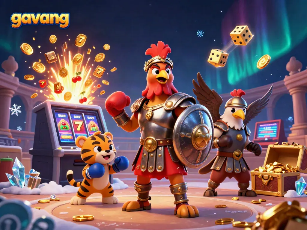 Engage in thrilling action with Gavang, as a gladiator rooster battles alongside a tiger cub in a vibrant casino.