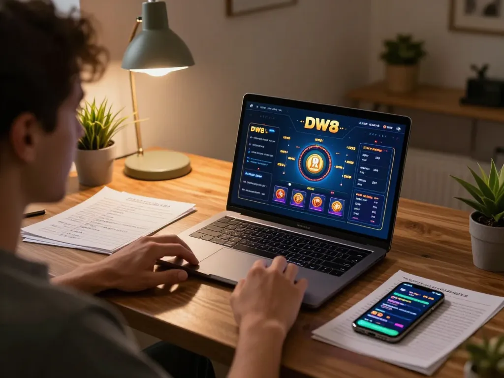 Gambling enthusiast analyzing strategies on DW8 online casino interface at home, focused on responsible gaming.