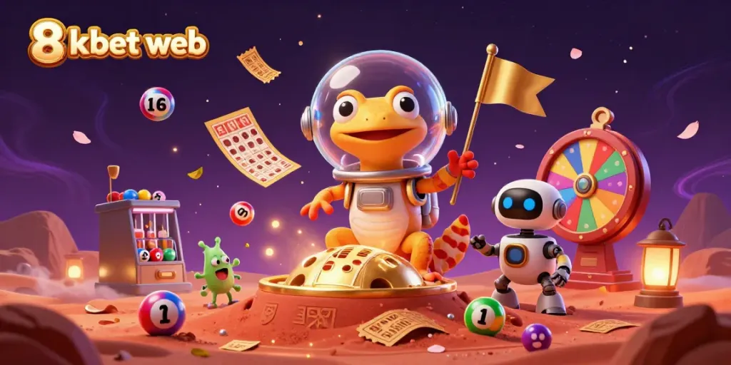 Engage with the vibrant 8xbet web experience, featuring a Martian gecko and a treasure-filled casino.