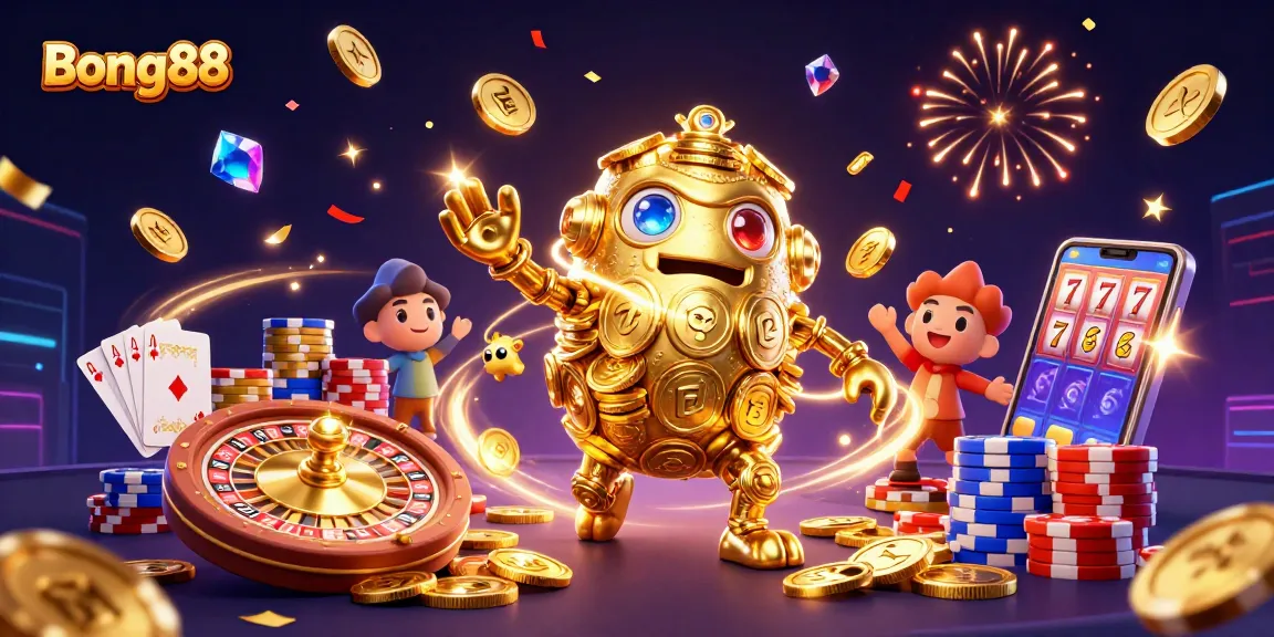 Bong88 showcases dynamic gaming excitement with vibrant 3D characters amidst a rich casino scene.