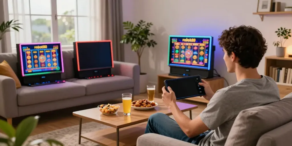 Enjoying rokok88 slot gaming experience at home with vibrant graphics.
