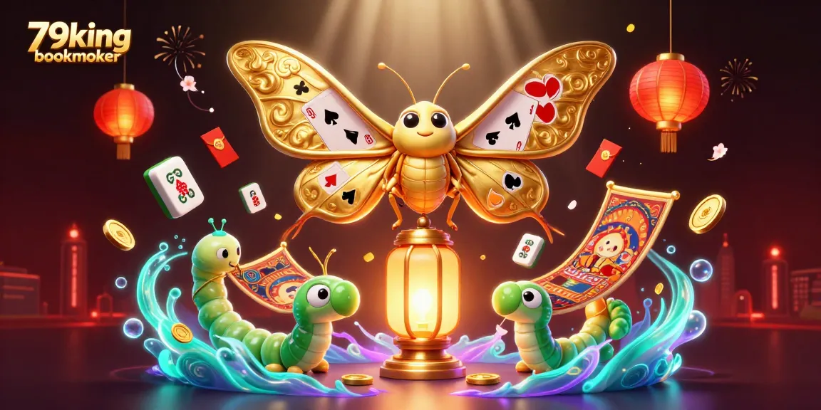 Engage with the captivating 79king bookmaker scene featuring a majestic moth and golden lanterns amidst dazzling casino elements.