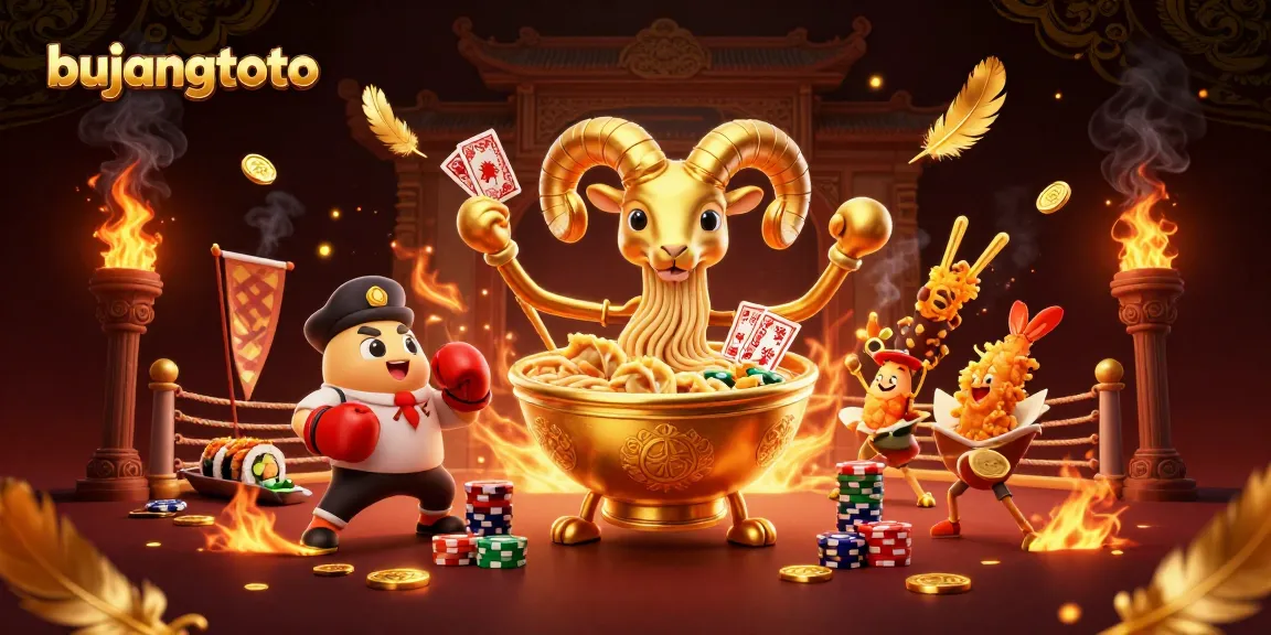 Engage with bujangtoto as the golden ramen bowl deals cards with fiery flair in this dynamic casino illustration.
