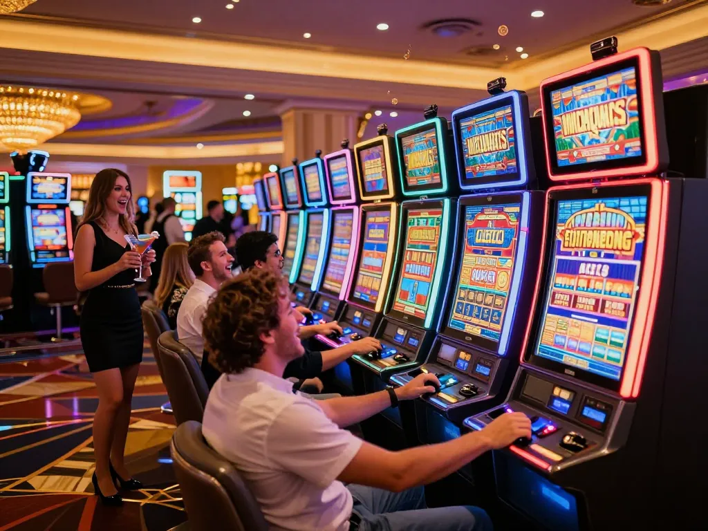 Players enjoying vibrant slot machine experience at a Las Vegas casino with sunwin-themed excitement