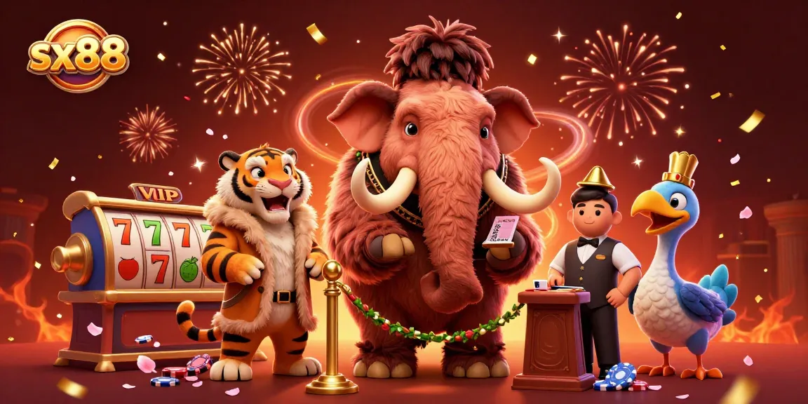 Sx88 showcases a lively 3D casino scene with bouncers, VIPs, and festive elements.