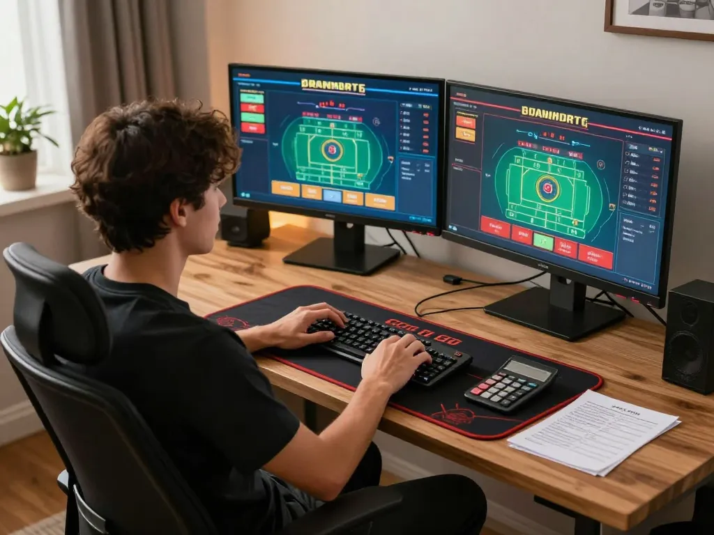 Experience engaging gameplay at Go8 with an online gambler strategizing in a stylish home office.
