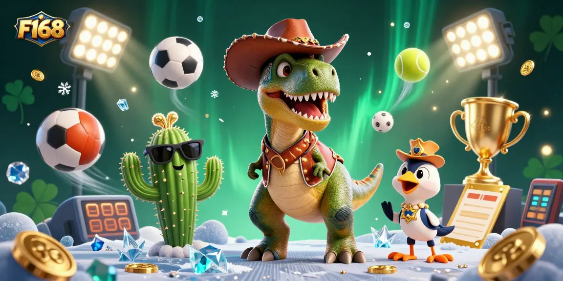 F168 showcases a playful cartoon scene featuring a T-Rex and friends in a dynamic gambling atmosphere filled with sports balls and golden elements.
