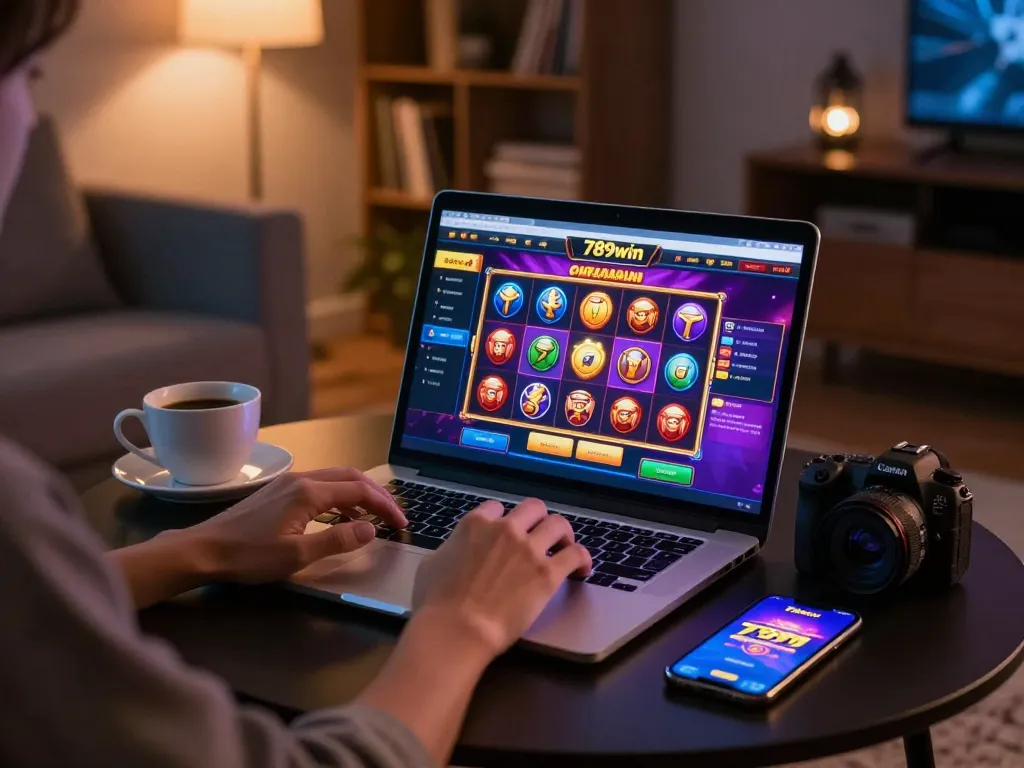 Person engaging in spirited online gaming session on 789win laptop, cozy room ambiance, vibrant slot game display.
